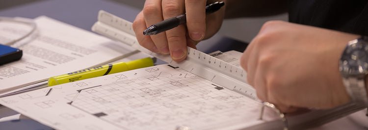 Technical drawing review with plans and measurement tools